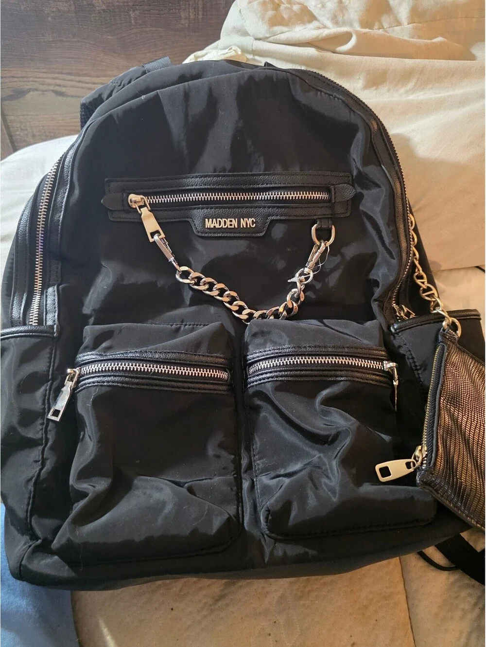 New Madden NYC Black Nylon Backpack with Chain and Pouch